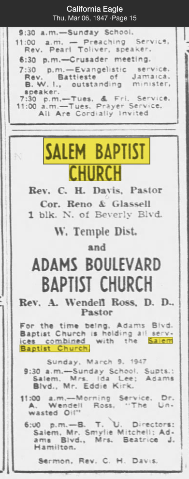 Salem Baptist Church directory (Mar. 6, 1947)