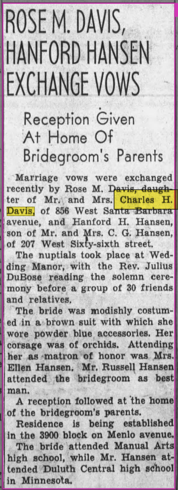 Rose M. Davis, Hanford Hansen Exchange Vows