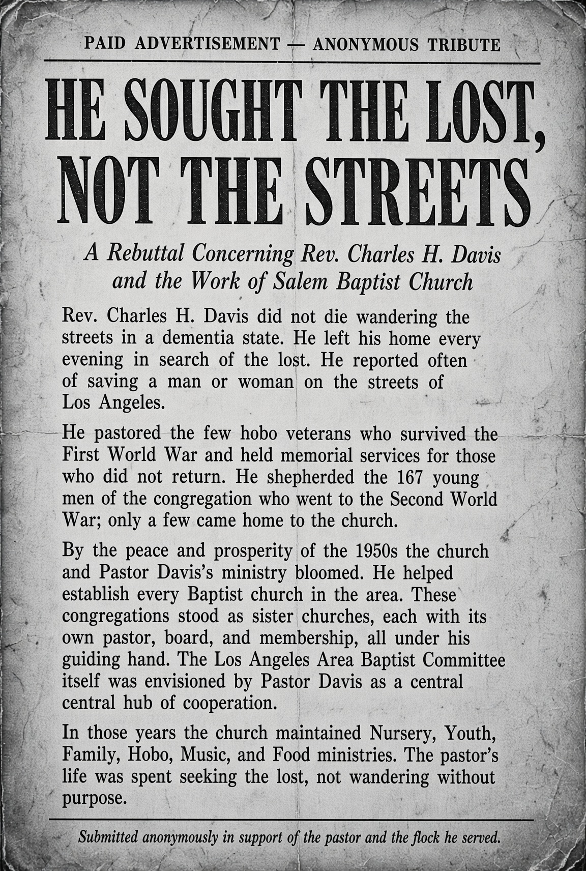 Anonymous Tribute ad — He Sought the Lost, Not the Streets